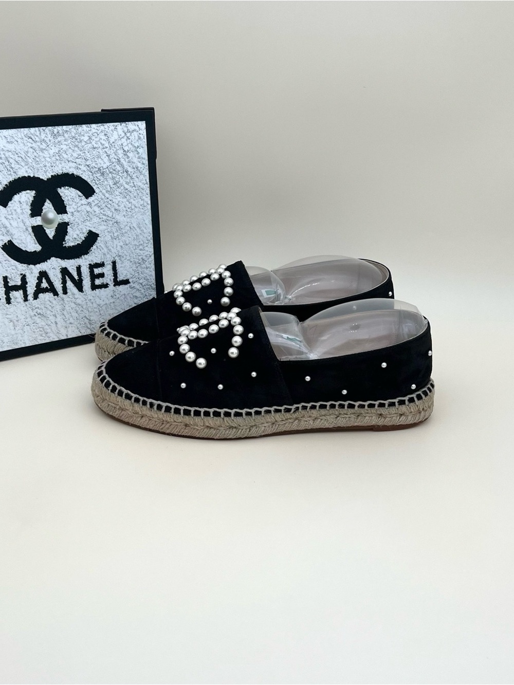 CHANEL Black Suede Pearl-Embellished Espadrille Flats
